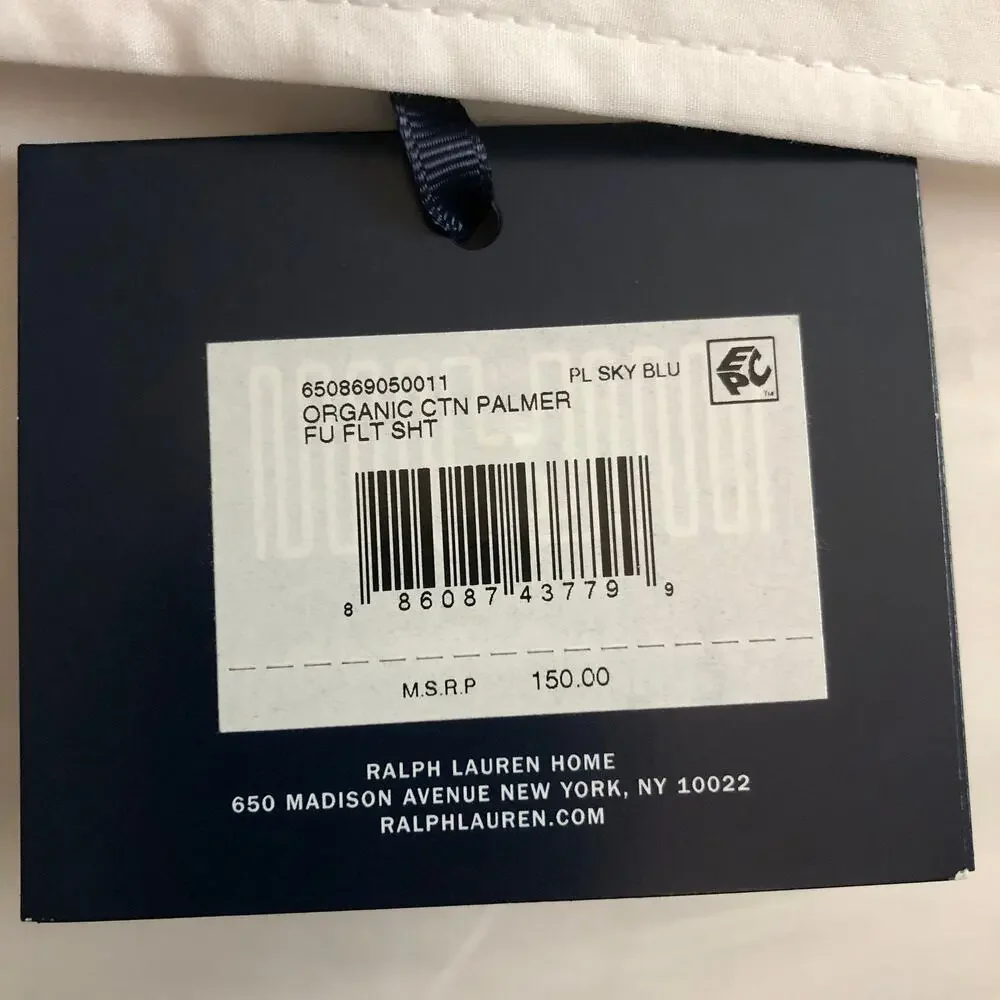Ralph Lauren Organic Cotton Percale Palmer Full Flat Sheet White Pale Sky Blue